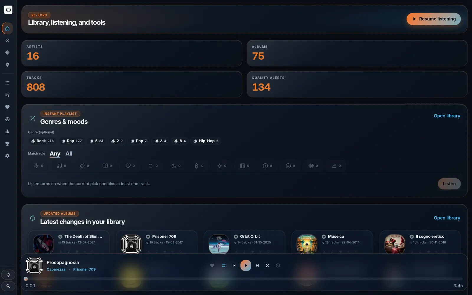 RE-KORD dashboard — Midnight theme with Modern style and Glass surfaces