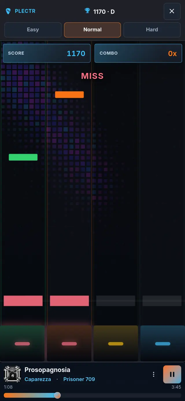 Plectr on a phone — four lane pads with the DiscoWall backdrop