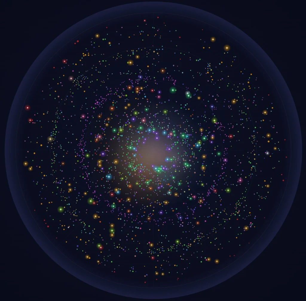 RE-KORD Sonic Nebula — interactive galaxy map of the library, tracks shown as coloured stars