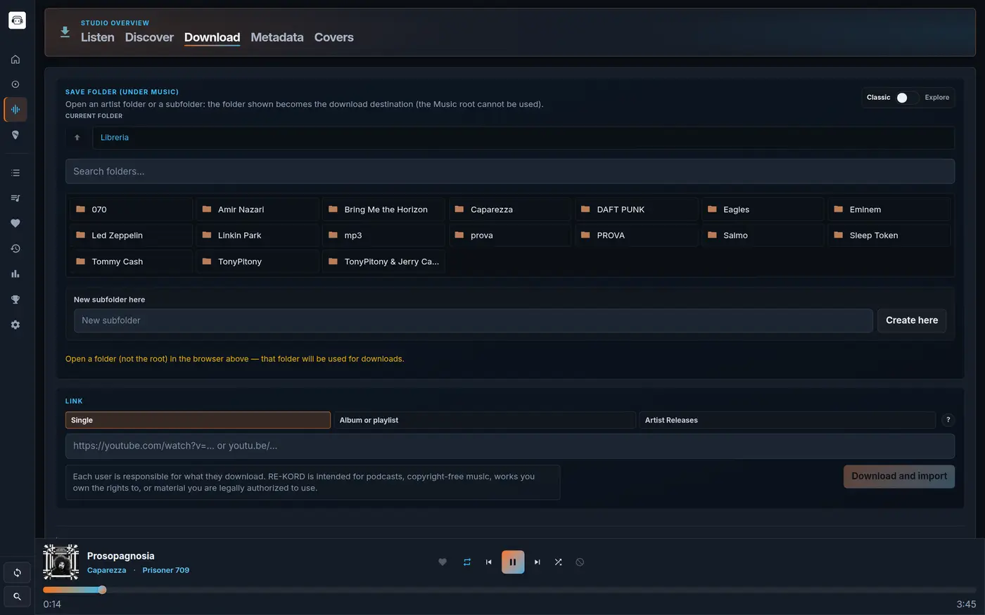 RE-KORD Studio — Download tab with destination folder browser and link field