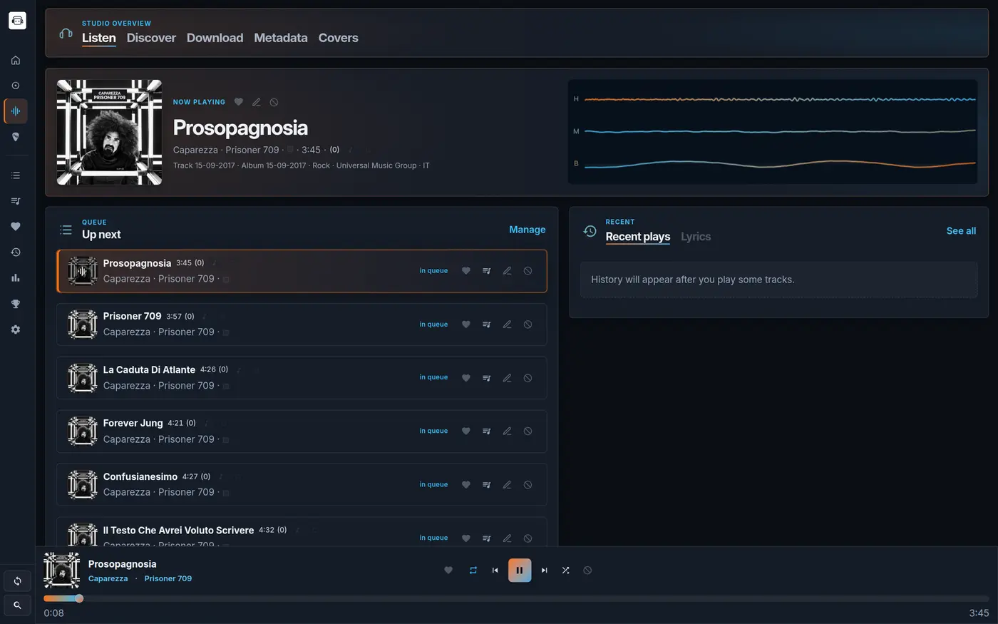 RE-KORD Studio — Listen tab with now playing, queue and recent plays