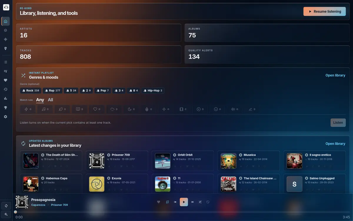 RE-KORD dashboard — custom theme with an image background and Glass surfaces